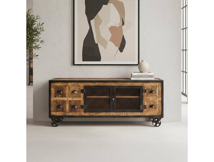 Meuble TV industriel 6 tiroirs finition carbone