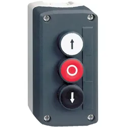 Schneider Electric XALD325 Aufbaugehäuse, Harmony XALD, Kunststoff, dunkelgrau, 3 Drucktaster, O, vorstehend, Pfeile Auf-Ab, 22mm, 2S+1Ö