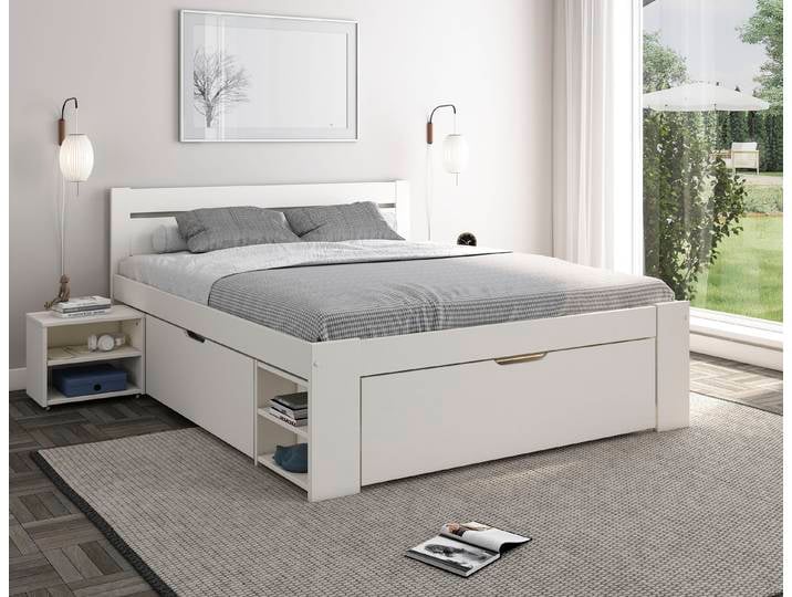 Massivholzbett GOODPRODUCT HANNES  mit Schubladen und Regalen, Nachtschrank ausziehbar, stabil , weiss (weiß), B:166cm L:205cm, Betten, Massivholzbett, FSC-zertifiziertes Kiefernholz, ideal für kleine Räume