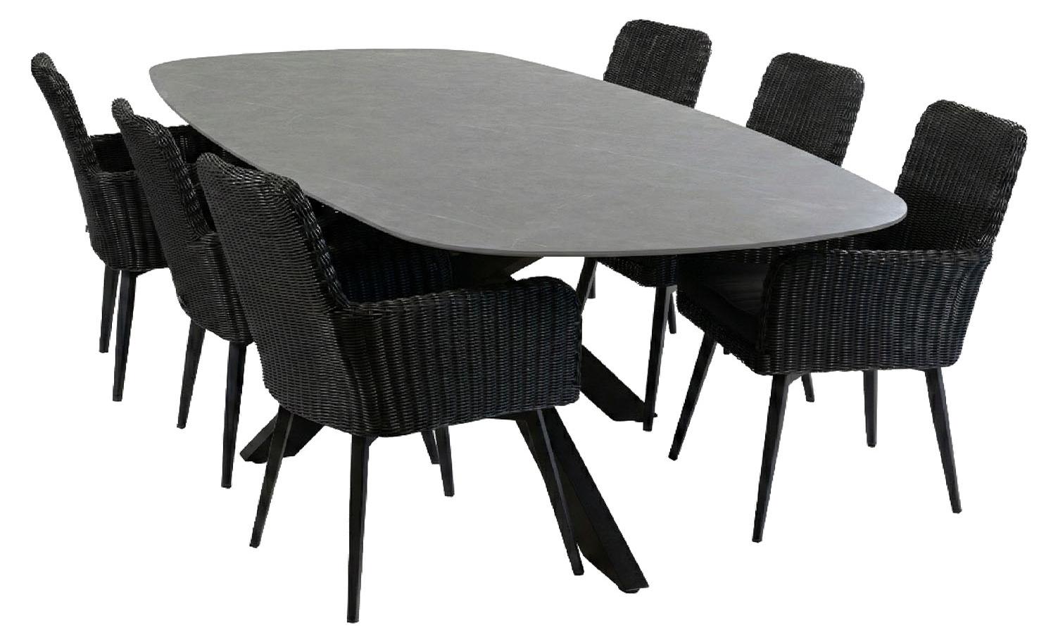 7-teiliges Gartenmöbel-Set | 6 Pisa Gartenstühle (Black) | Gartentisch Barletta 240x115 cm (Desert Pearl/Black)