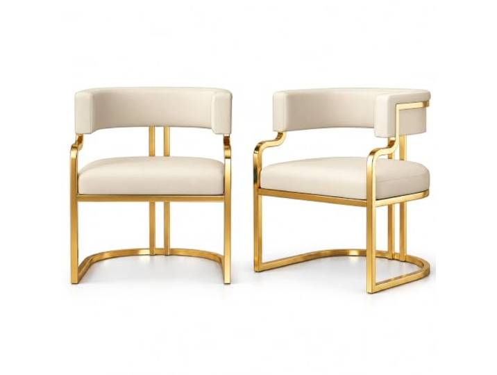 JS Ellie Esszimmerstuhl Kunstleder mit Armlehnen, Metallgestell in Gold Gebogene Lehne, Polstersitz, Pflegeleichter Bezug für Esszimmer, Büros und Empfangsräume(Nude,set of 2)