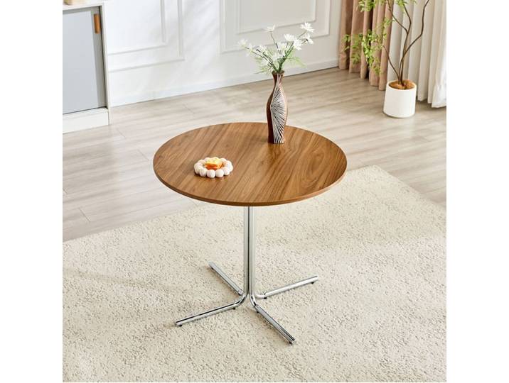 Table d'appoint ronde moderne 85 x 85 x 76 cm en MDF finition noyer et métal chromé
