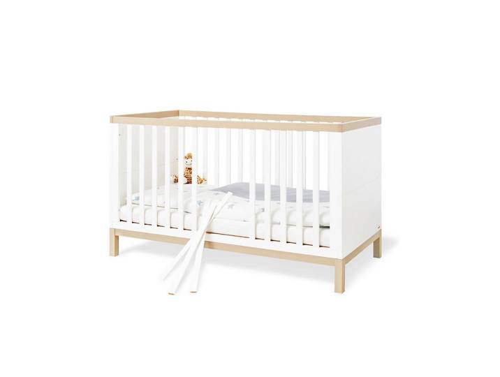 Pinolino Gitterbett Pinolino Light, Weiß, Ahorn, Holz, Kiefer, teilmassiv, 140x70 cm, zum Juniorbett umbaubar, höhenverstellbar, Sitzsofa Lattenrost inklusive, Schlupfsprossen, Babymöbel, Babybetten, Gitterbett