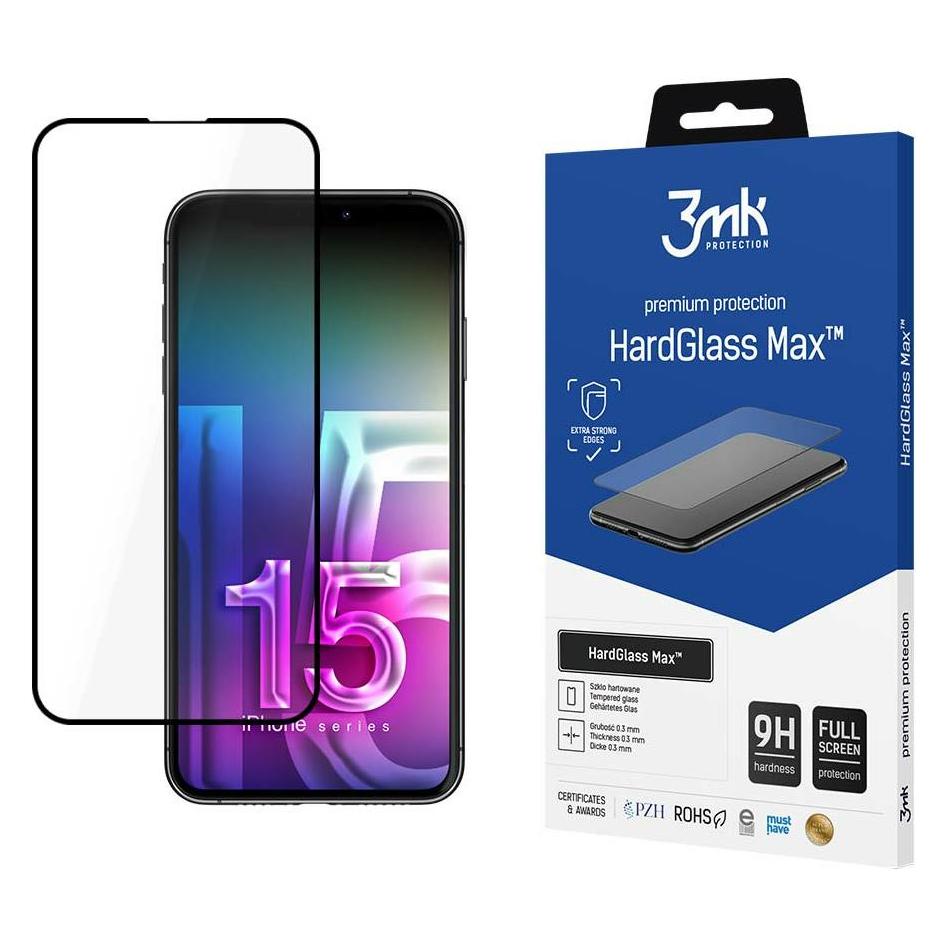 3MK HardGlass Max iPhone 15 6.1" czarny/black, Fullscreen Glass (Apple iPhone 15) (3mk HardGlass Max Black(230)-0)