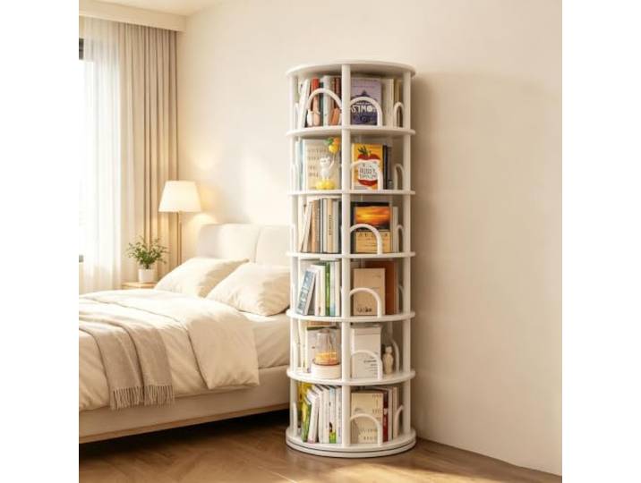 6 Ebenen Drehbares Bücherregal 360 Grad, Bücherregal Holz Weiß Bodenstehendes ständer Bücherschrank, Aufbewahrungsregal Organisator, für Schlafzimmer Kinderzimmer Wohnzimmer