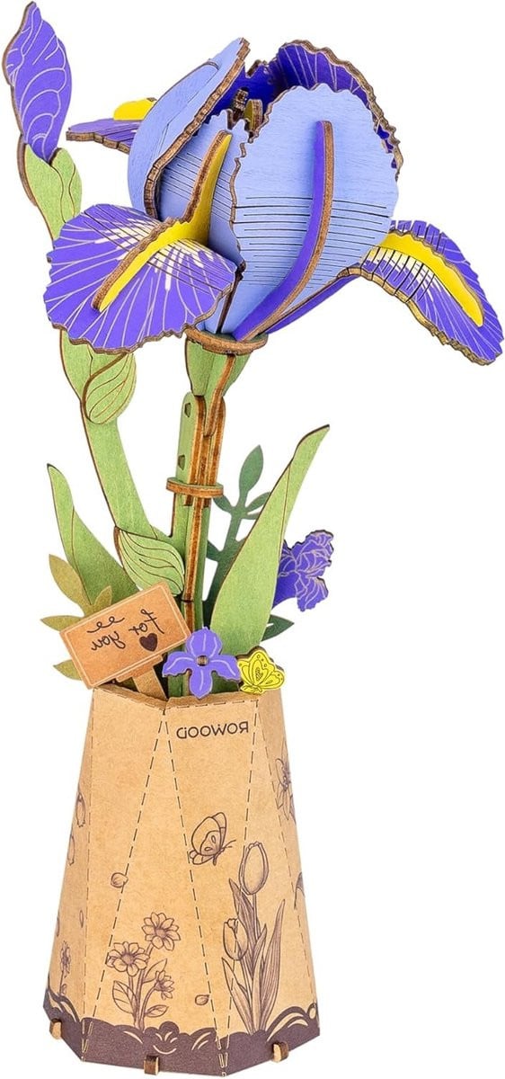 Paarse Iris Kunstbloem Houten 3D Puzzelset voor Volwassenen en Kinderen