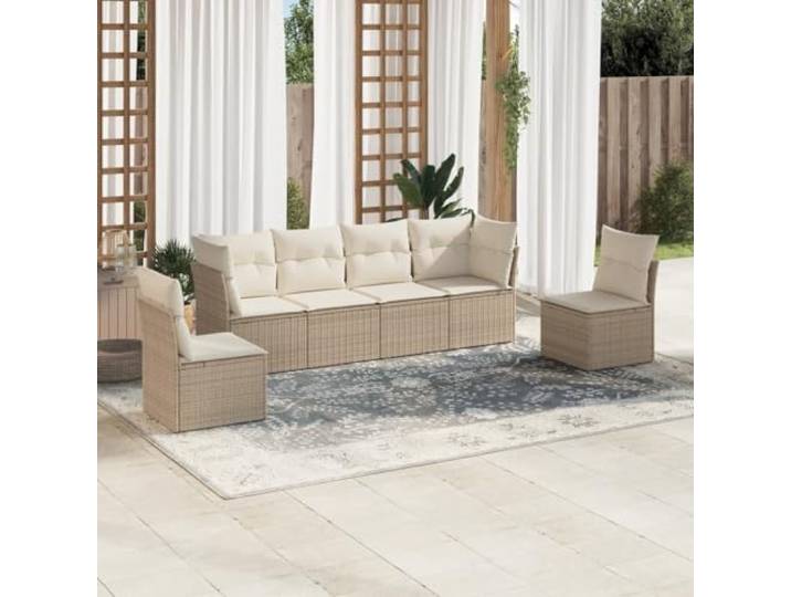 WDGJJFECNMUEHI Résine tressée imperméable Ensemble canapés Beige 47.6 Salon de jardin avec coussins 6 pcs beige résine tressée modulable, canapé exterieur imperméable lavable pour terrasse patio
