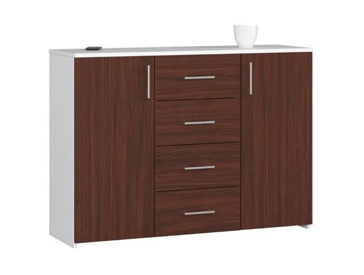 Commode AKORD K45 Blanche 110 cm 2 portes 4 tiroirs façade Wengé 4 étagères 110x35x80 cm