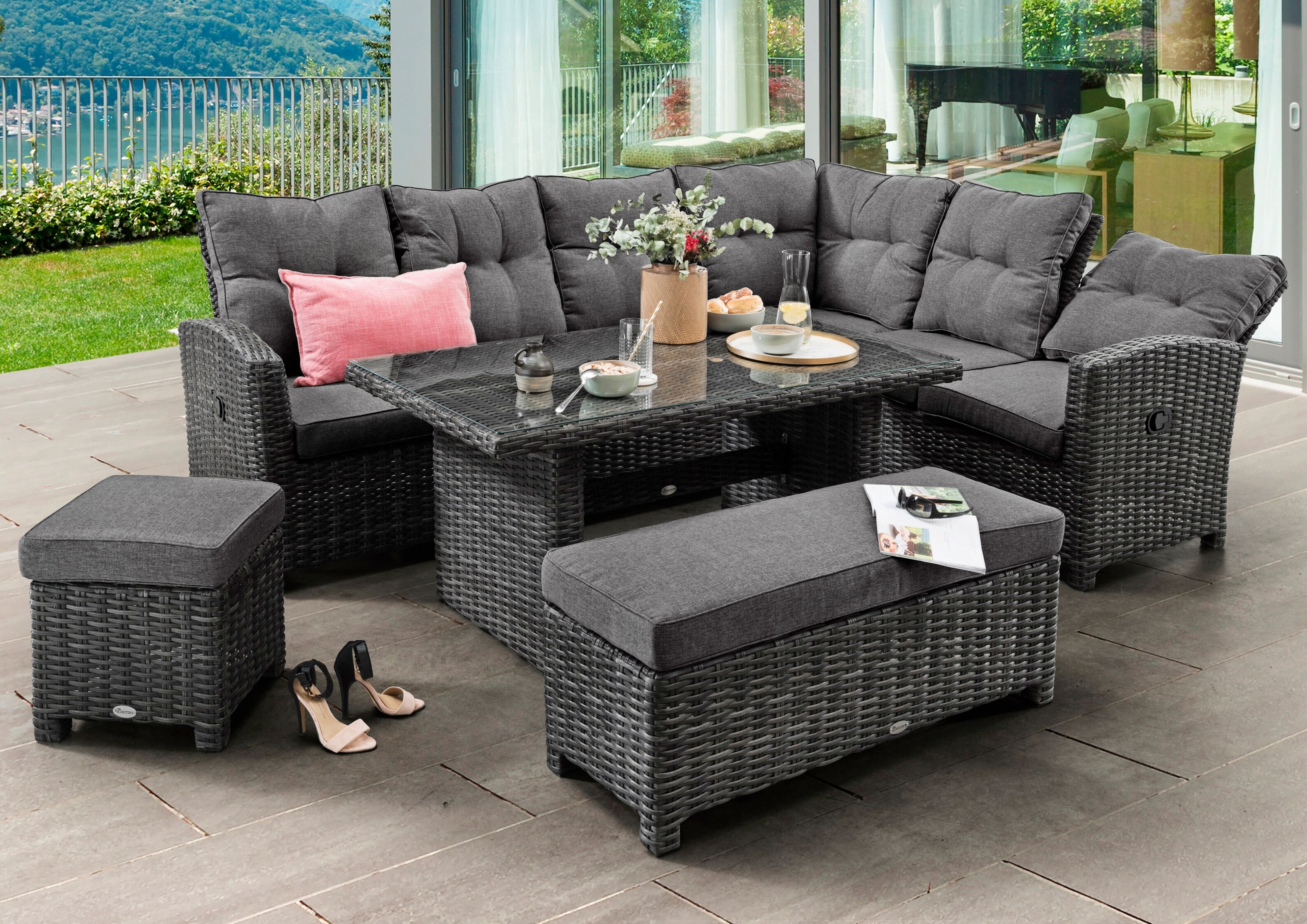 Gartenlounge-Set DESTINY "SANTA PONSA DE LUXE Eckgruppe, grau mel., Tisch 140x80cm, Polster grau", schwarz (grau meliert, grau), T:80cm, Aluminium, Geflecht Rattan, Glas, Sitzmöbel-Sets, Gartenlounge-Set, Aluminium, Polyrattan