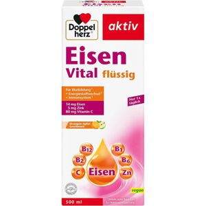 Doppelherz Eisen Vital, 500 ml Saft, Eisengluconat + 4 B-Vitamine + C + Zink, täglich 20 ml = 14 mg