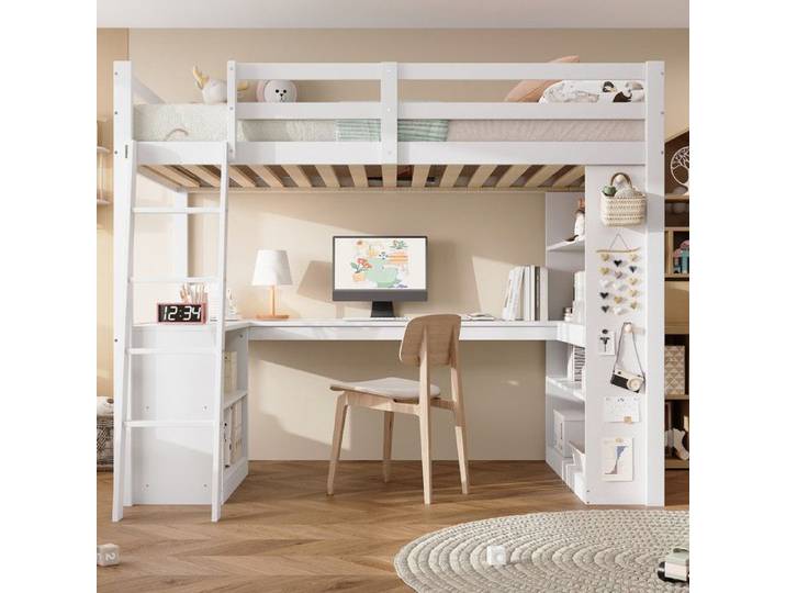 Lit mezzanine 90x200cm lit ado avec étagère de rangement lit enfant avec échelle inclinée et sommier à lattes pin blanc
