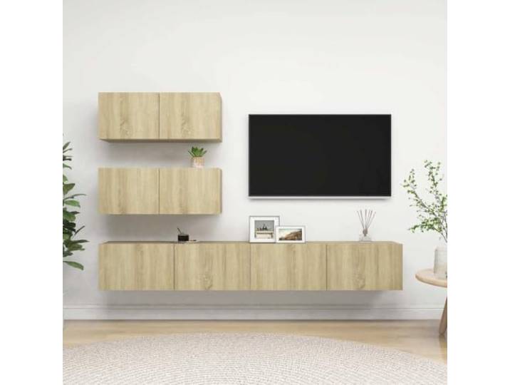 HEFZGDB 4-TLG. TV-Schrank-Set Sonoma-Eiche Holzwerkstoff Moderner Wandschrank mit großem Stauraum für Wohnzimmer Dieser Moderne TV-Schrank aus robustem Holzwerkstoff in Sonoma-Eiche