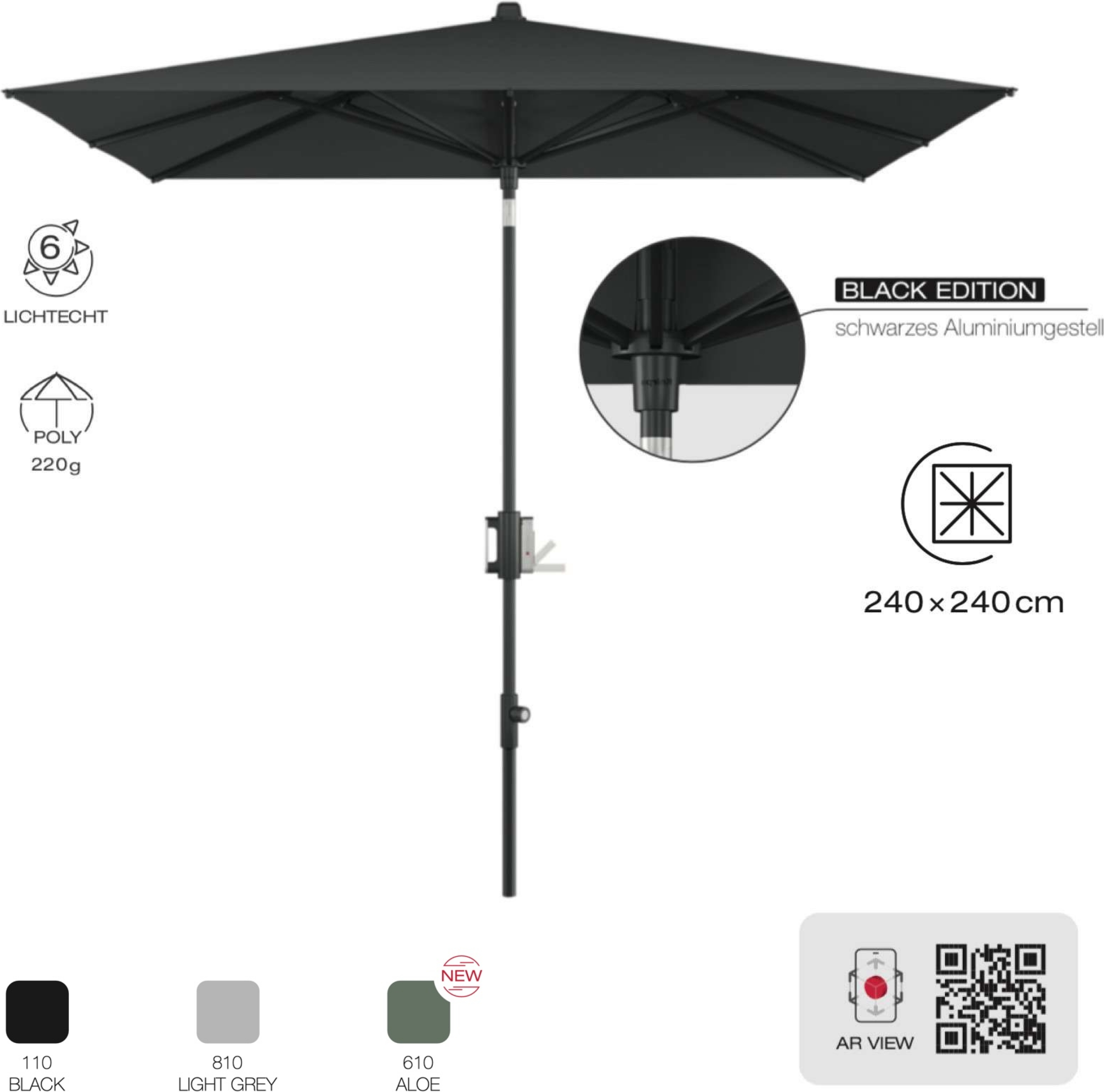 KNIRPS APOLL 240 x 240 cm quadratisch Black Edition Balkonschirm 3 Farben Sonnenschirm 610 Aloe