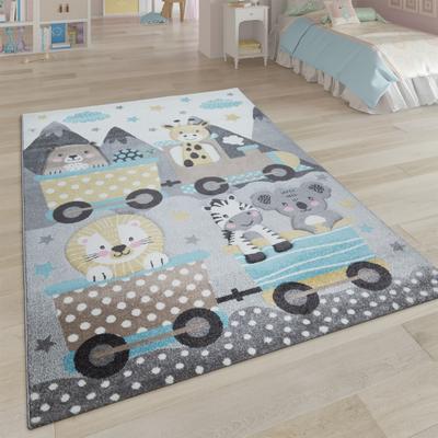 Paco Home Kids Rug for Childrens Room Colorful Animals on a Train in Grey