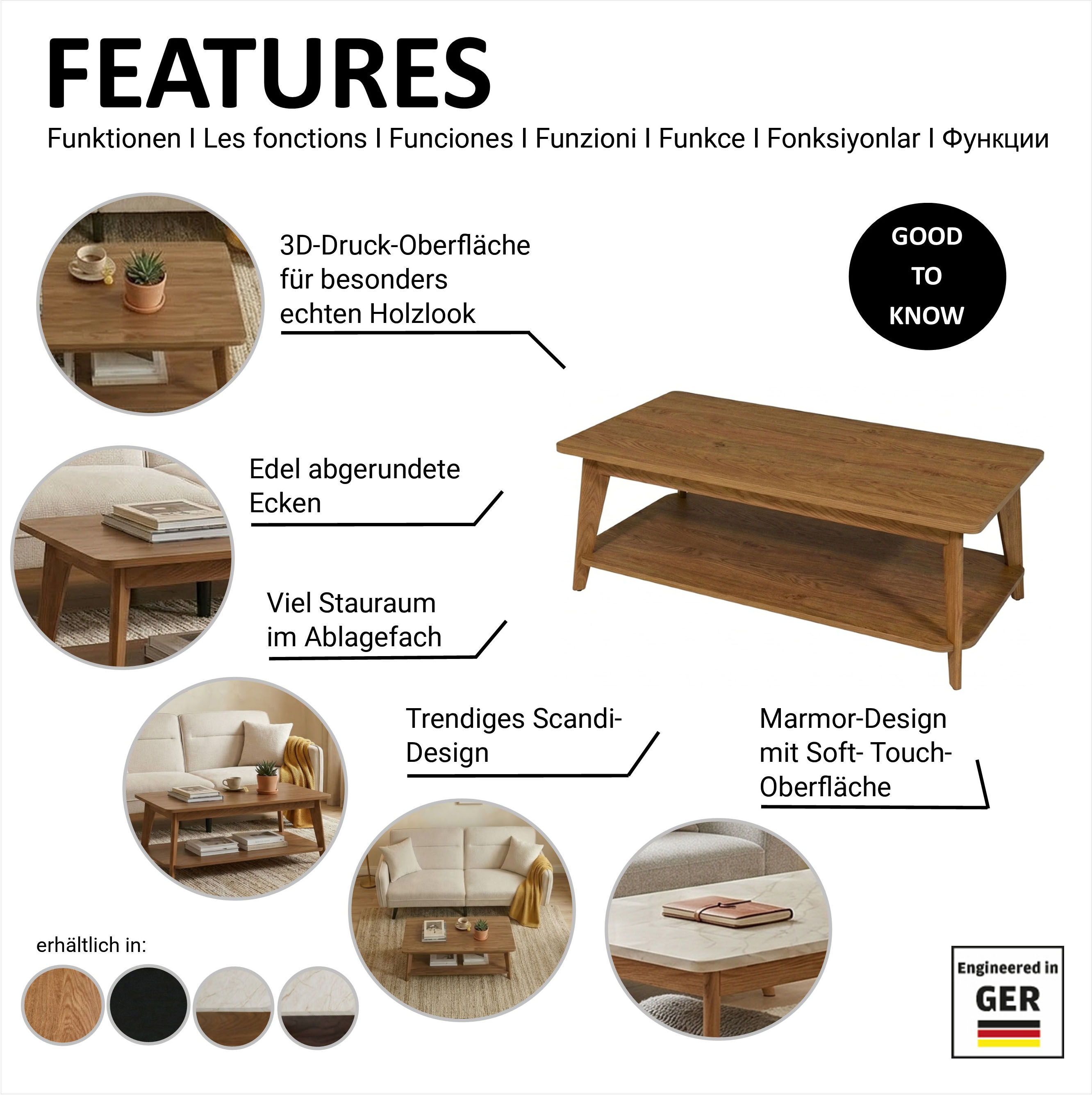Couchtisch JAHNKE "SIXTY COFFEE", braun (walnuss, marmor weiß, walnuss, marmor weiß), B:110cm H:40,3cm T:55cm, Tische, Couchtisch, Couchtisch, 2 Ebenen, Skandi, Walnuss-Optik&Marmor-Look, Breite:110 cm walnuss, marmor weiß, walnuss, marmor weiß B/H/T: 110