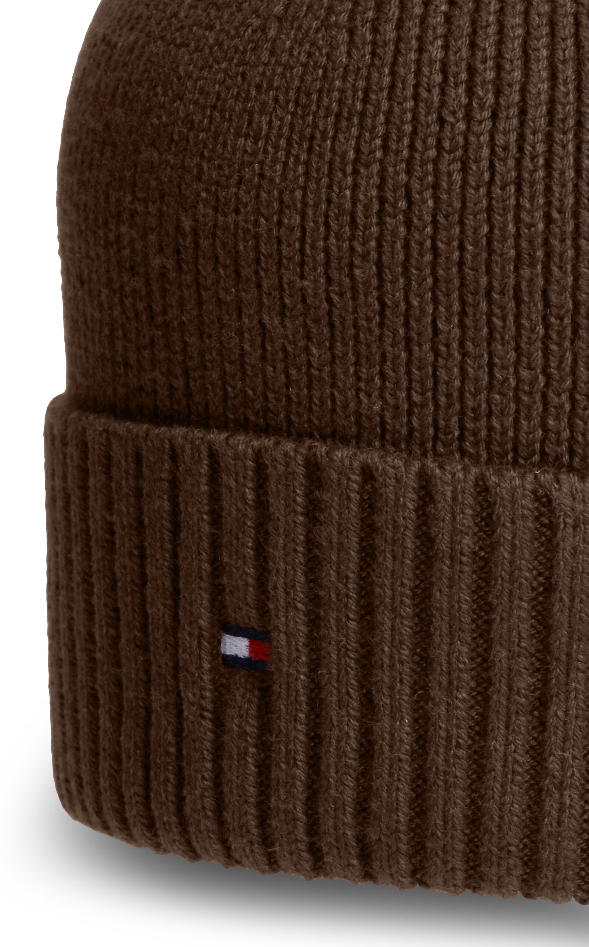 Strickmütze TOMMY HILFIGER "TH FLAG PIMA COTTON BEANIE", braun (truffle braun), Baumwollmischung, Mützen Strickmütze, Beanie mit Logostickerei, mit Kaschmiranteil Unisex truffle braun Einheitsgröße
