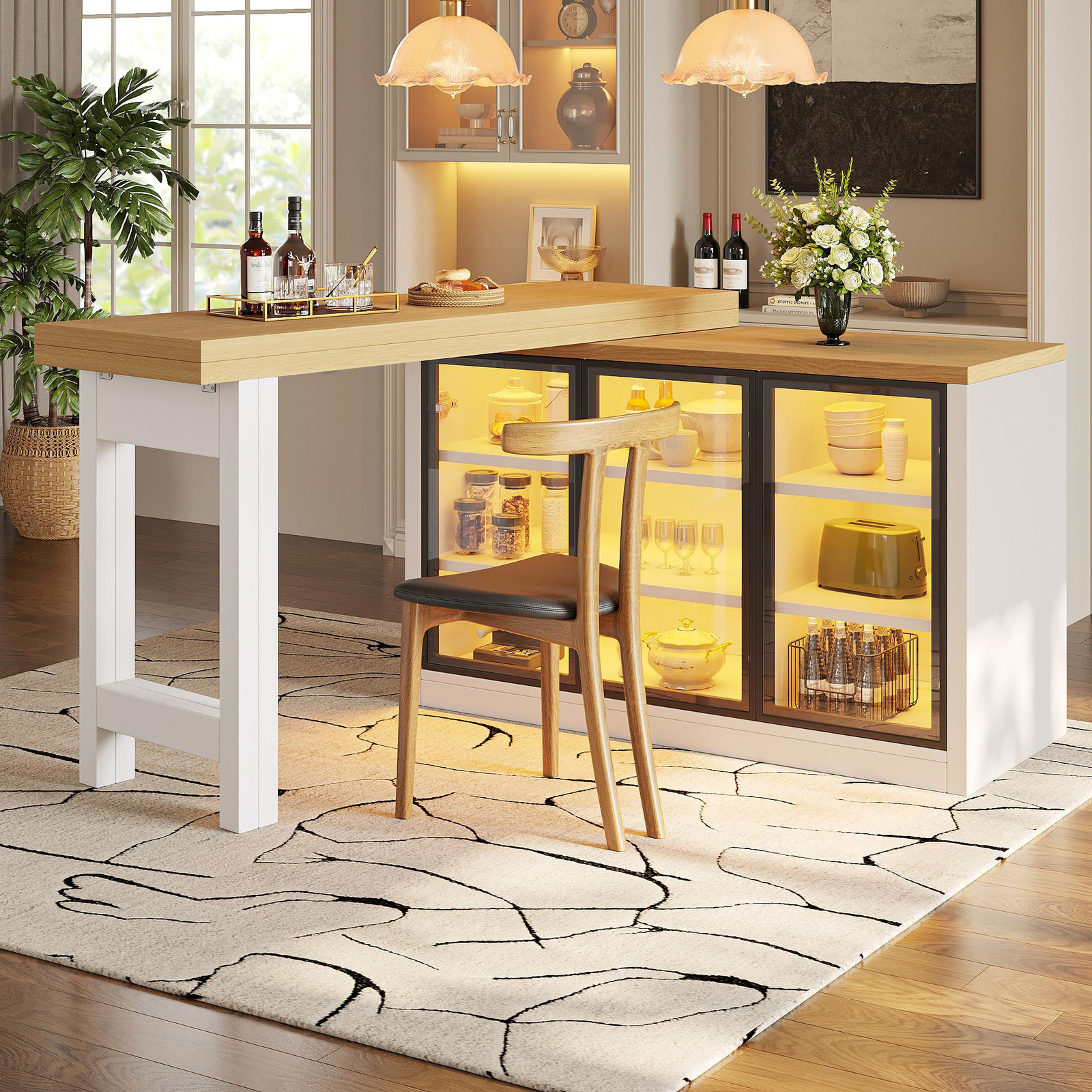 MODFU Multifunctioneel keukenblok met LED-verlichting en draaibaar tafelblad, wit, B: 120 cm, H: 72 cm