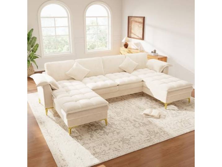 U‑förmiges Ecksofa, 4‑Sitzer Moduldesign mit Cloud‑Optik und doppellagigen Schaumkissen, inkl. 2 Chaiselongues,2 Kissen, goldene Metallfüße, Chenille‑Bezug, geeignet für Wohnzimmer/Schlafzimme, Beige