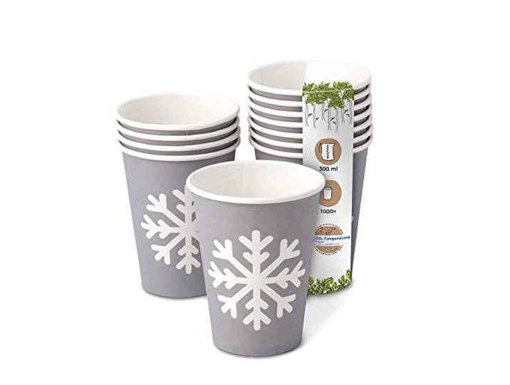 BIOZOYG 1000 Stück graue Kaffeebecher Pappbecher Wintermotiv 'Schneeflocke' 300ml / 12 oz - umweltfreundlich recycelbar & schön bedruckt - Kaffeebecher to go