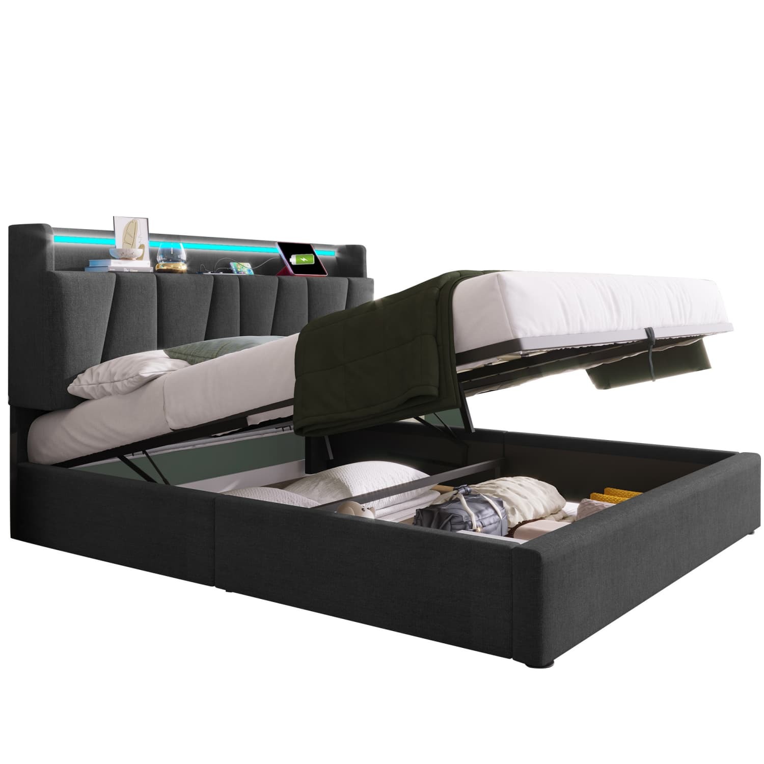 Polsterbett(140x200cm)Doppelbett mit aufladen USB Ladefunktion Stauraum-Kopfteil und LED-Beleuchtung,Hausbett,Stauraumbetten,Lattenrost aus Holz