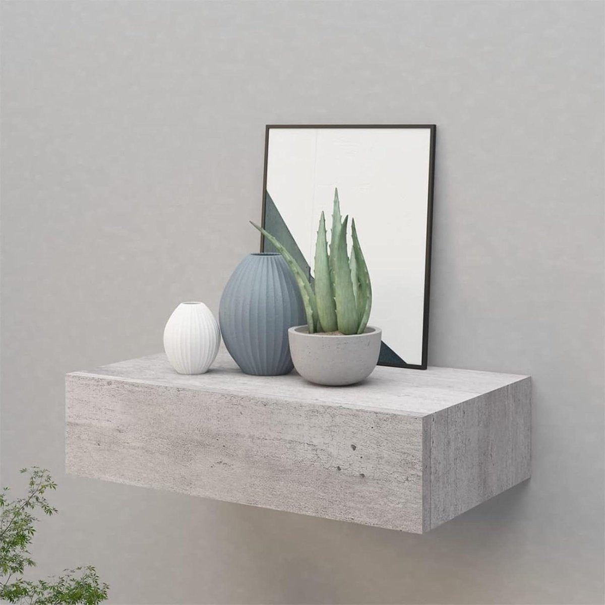 Betongrijs Wandrek met lade - Zwevende plank voor decoratie - B: 40 cm, D: 23.5 cm