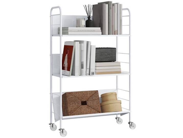 Bibliothèque à roulettes - Chariot à livres à 3 niveaux - Roulettes pivotantes - Pour livres et magazines - Blanc - ZENLINKJH