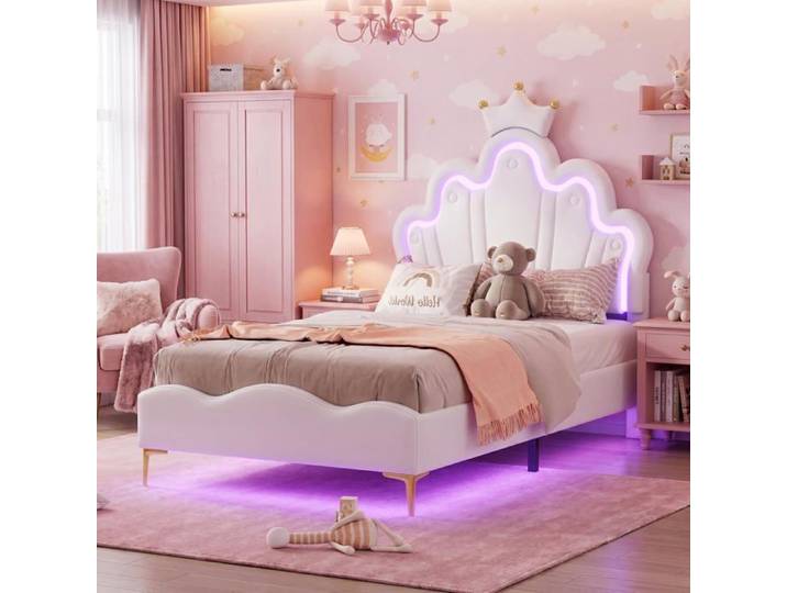 Lit enfant capitonné 140x190 cm avec LED lit pour filles tête réglable couronne princesse sommier à lattes Blanc.