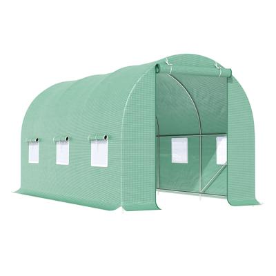 MODFU Foliengewächshaus 445x190x200 cm Tomatengewächshaus mit Fenstern und aufrollbaren Türen Grün, Stahlgestell, PE Folie lichtdurchlässig