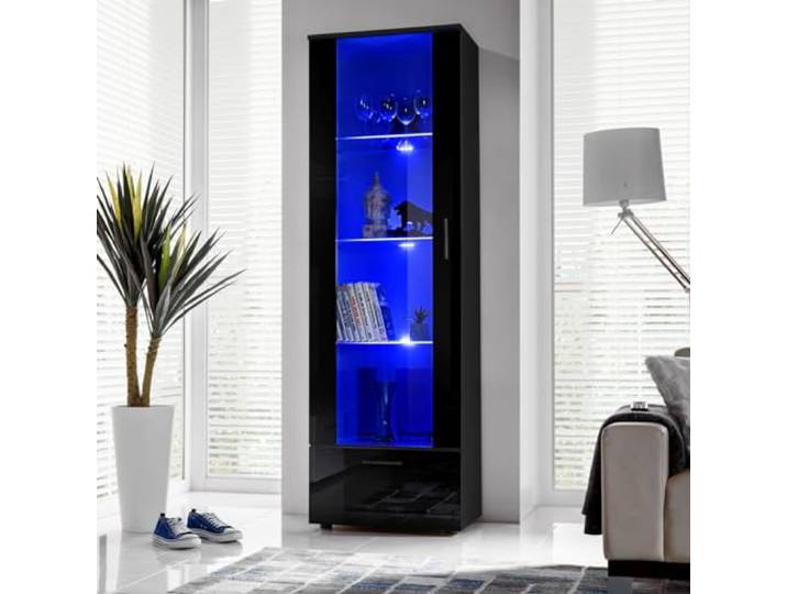 Komodee Vitrine Alessandria A1 Schwarz/Schwarz 60x192x42 cm Vitrine Alessandria, Schwarz/Schwarz, Breite 60cm x Höhe 192cm x Tiefe 42cm, LED Blau , 3 Glasböden, für Wohnzimmer