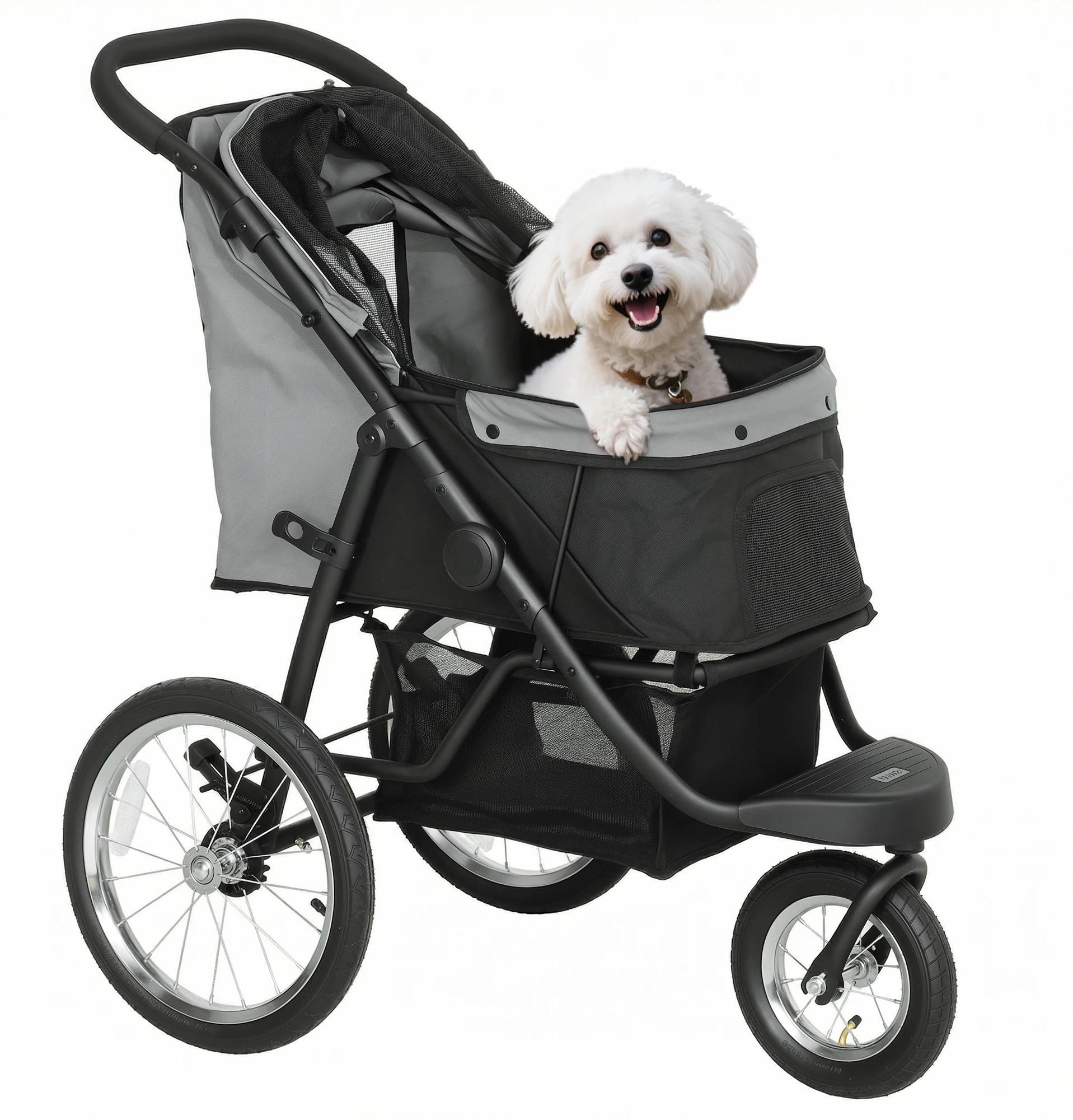 Hunde-Buggy für kleine Hunde - Faltbar - Bis 10 kg - 3 große Gummiräder - Hellgrau