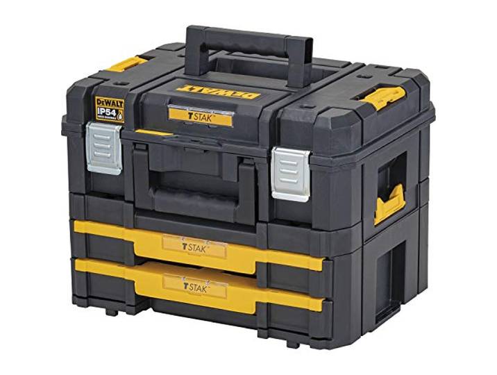 DeWalt Kit TSTAK 2 Pièces DWST83395-1 - Petit Coffret & Tiroir\, IP54\, Poignée de Transport Avant et Supérieur\, Insert en Mousse Personnalisable pour Outils et Accessoires\, Capacité 30 kg Noir/Jaune
