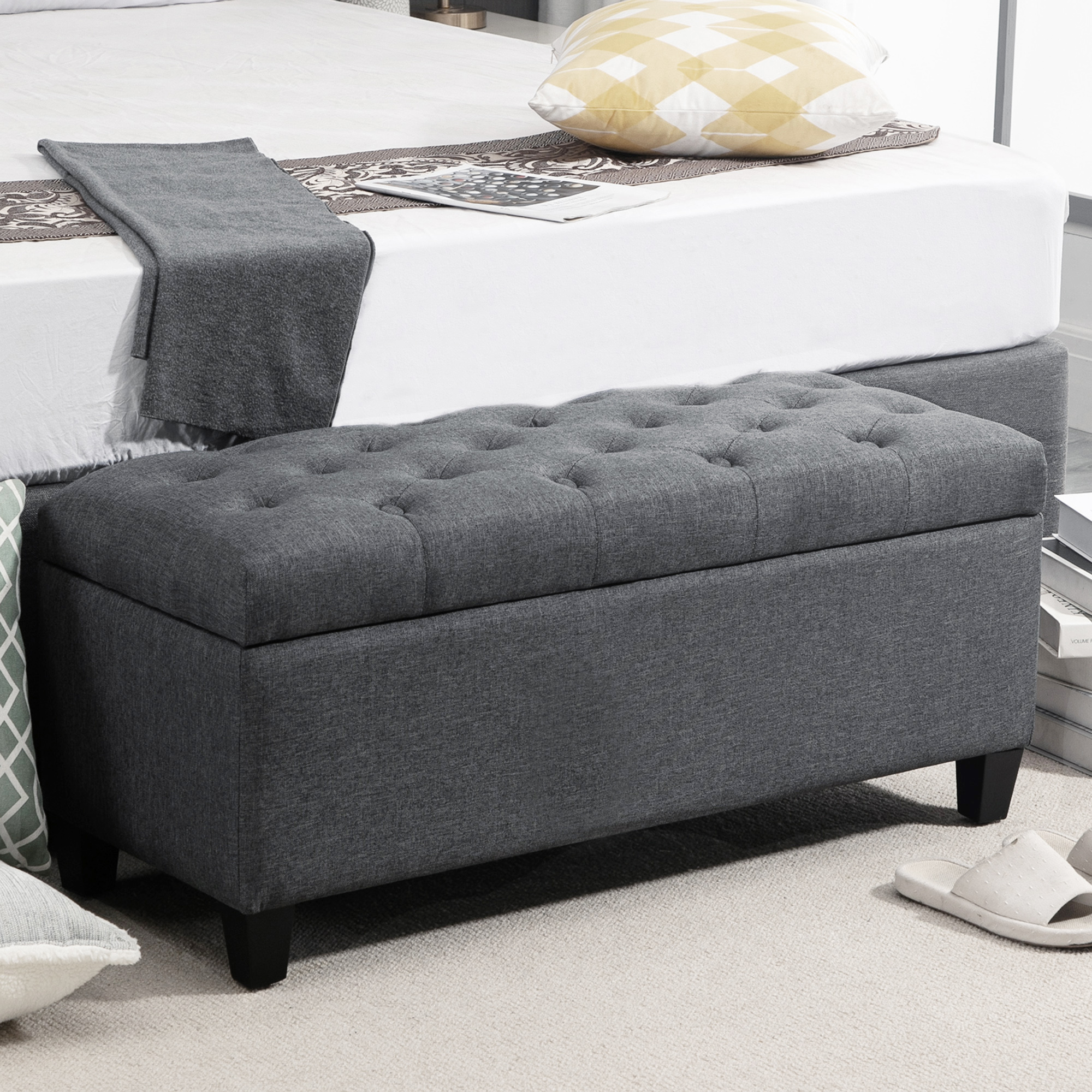 Homcom Puff da salotto con vano portaoggetti e poggiapiedi per salotto, camera da letto, ingresso, 100 x 40 x 44 cm, grigio scuro