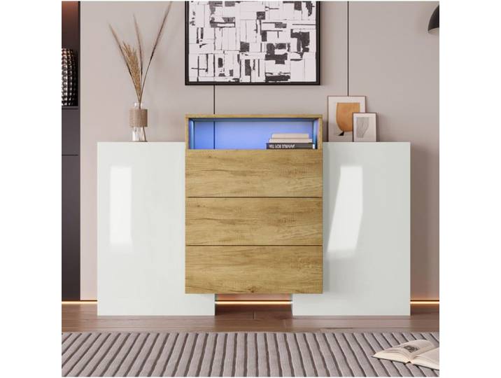 WOVREO Buffet bas 140 cm blanc brillant et décor bois avec LED multicolore 2 portes 3 tiroirs