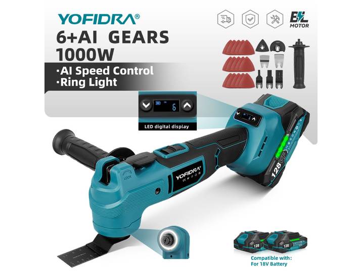 YOFIDRA 6 + AI Gears Outil oscillant électrique sans balais 1000W, outil électrique sans fil pour le travail du bois, compatible avec la batterie Makita