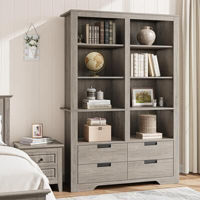 Garvee "72"" Farmhouse 6-Tier Double Wide Bookshelf w/ 4 Drawers"