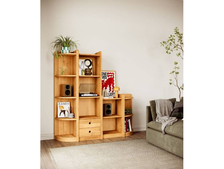 Naturwohnen Regalwand gestuft schmal aus Massivholz Erle Maße: H 160 x B 158 x T 35 cm Lara veredelt mit bioola® nature 100% Bio & Vegan