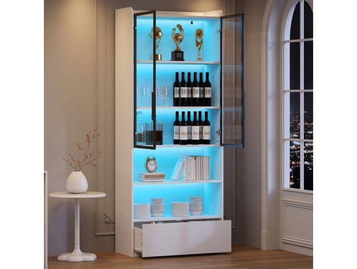 Vitrine blanche 80x34x180cm armoire haute à LED 1 tiroir portes vitrées compartiment ouvert meuble salon décoratif sur pieds