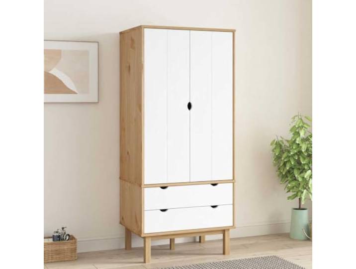 WXGTBKPR Kleiderschrank Kiefernholz, Skandinavisch, Braun & Weiß Massivholz-Konstruktion, 2 Schubladen & 1 Fach, Vielseitiger Stauraum