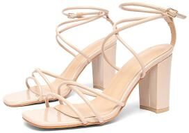 LightInthebox Women's Nude Block Heel Sandals - Elegant Strappy Kit, Ideal for Mothers Attending City Weddings