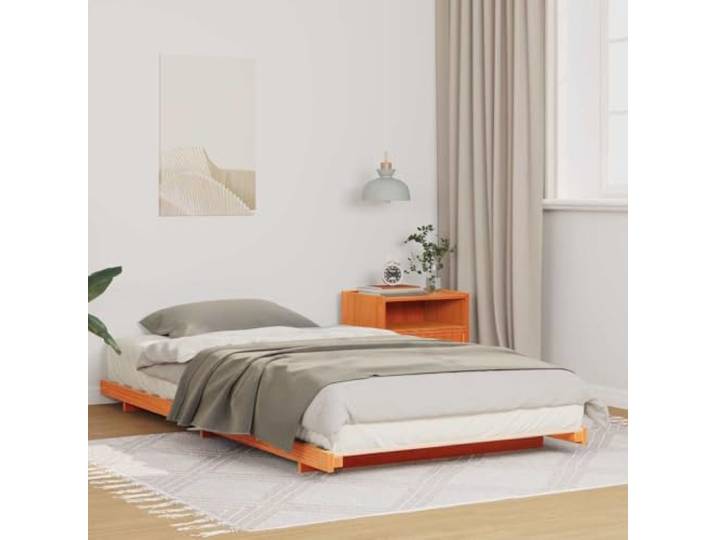 Massivholz Kiefer mit Metallelementen Plattform Bettrahmen modern 80 x 210 Bodenbettgestell Massivholz Kiefer Wachsbraun 80x210 cm Einzelbettrahmen Flach Design Stabil Bodennah