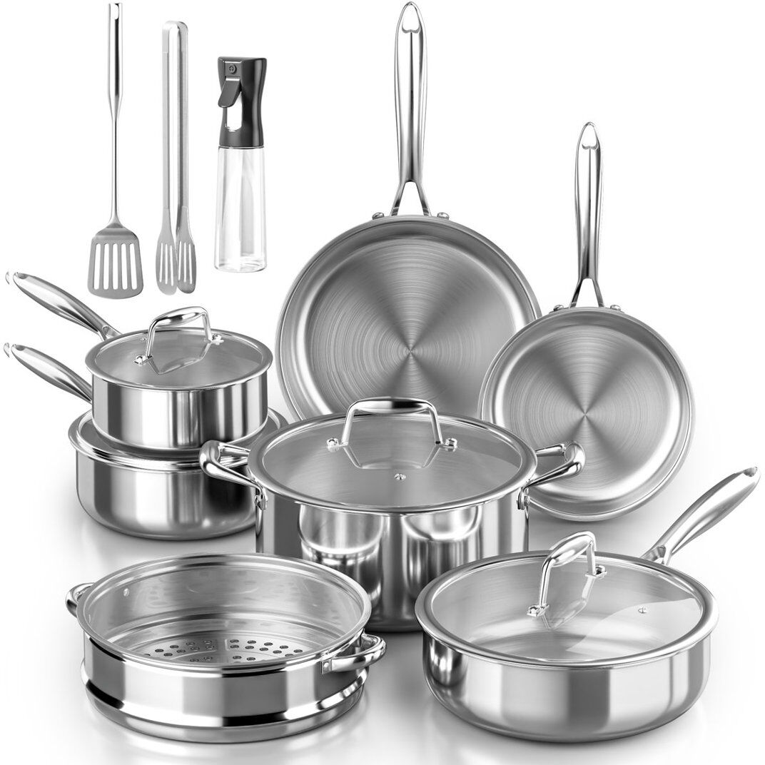 Belfry Kitchen 14 - Piece Non-Stick Stainless Steel Cookware Set Silver 14