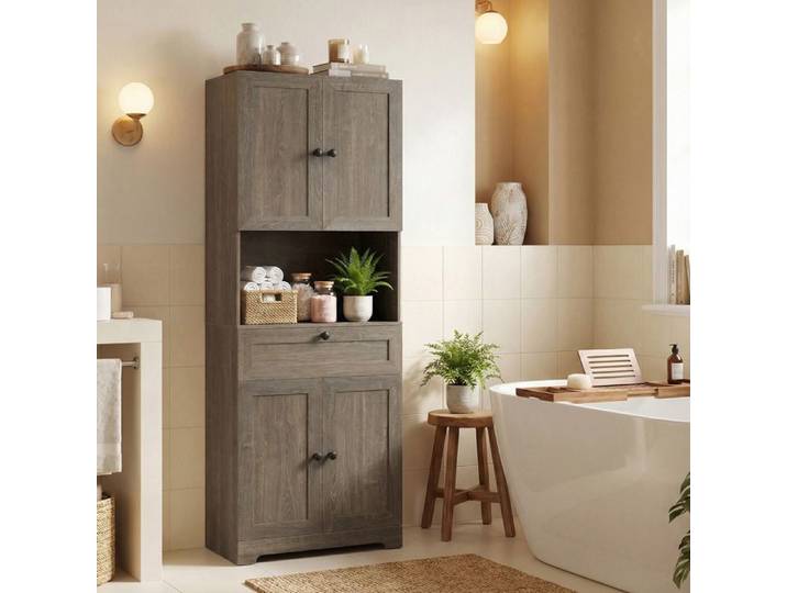 GIANTEX Armoire de Salle de Bain Haute Étagères Réglables Meuble Multi-Usage pour Cuisine Salon Buanderie Gris Vieilli