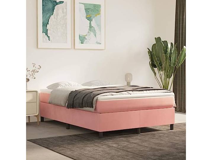 Samt weicher Luxusstoff stabil Beine Sperrholzlatten Boxspring Bettgestell Boxspringbettgestell Rosa 140x190 cm Samt Luxus Bettrahmen mit Kopfteil Stabil Holzlatten Modernes Schlafzimmer Möbel Ohne