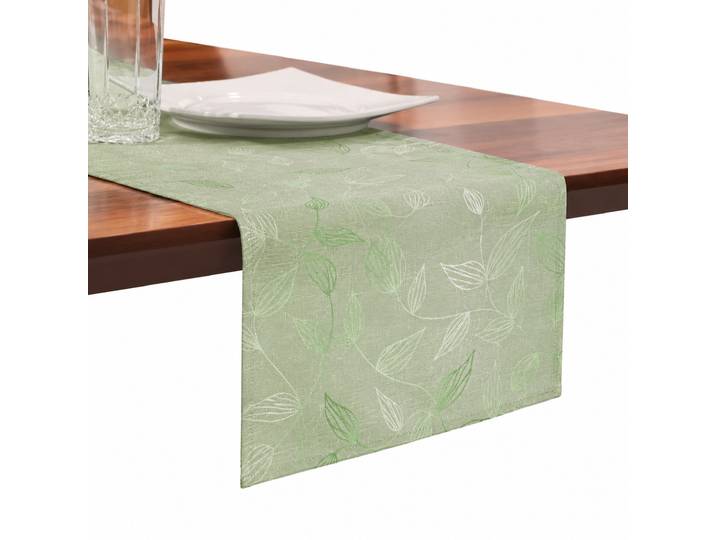 Tischläufer GOODPRODUCT Raffon, 1 Stück, Leinenoptik, halbtransparent, Dekoration Gr. 2, grün, B:160cm L:40cm, Polyester, Tischdecken, Tischläufer, Leinen Optik, Blattmotiv, Esszimmer, Deko, halbtransparent/blickdicht.