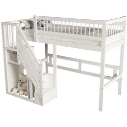 OKWISH Massivholzbett 90x200 Aufbewahrungstreppe Stauraum platzsparend Kiefernholz robust Lattenrost integrierter Stauraum elegant weiß Multifunktional