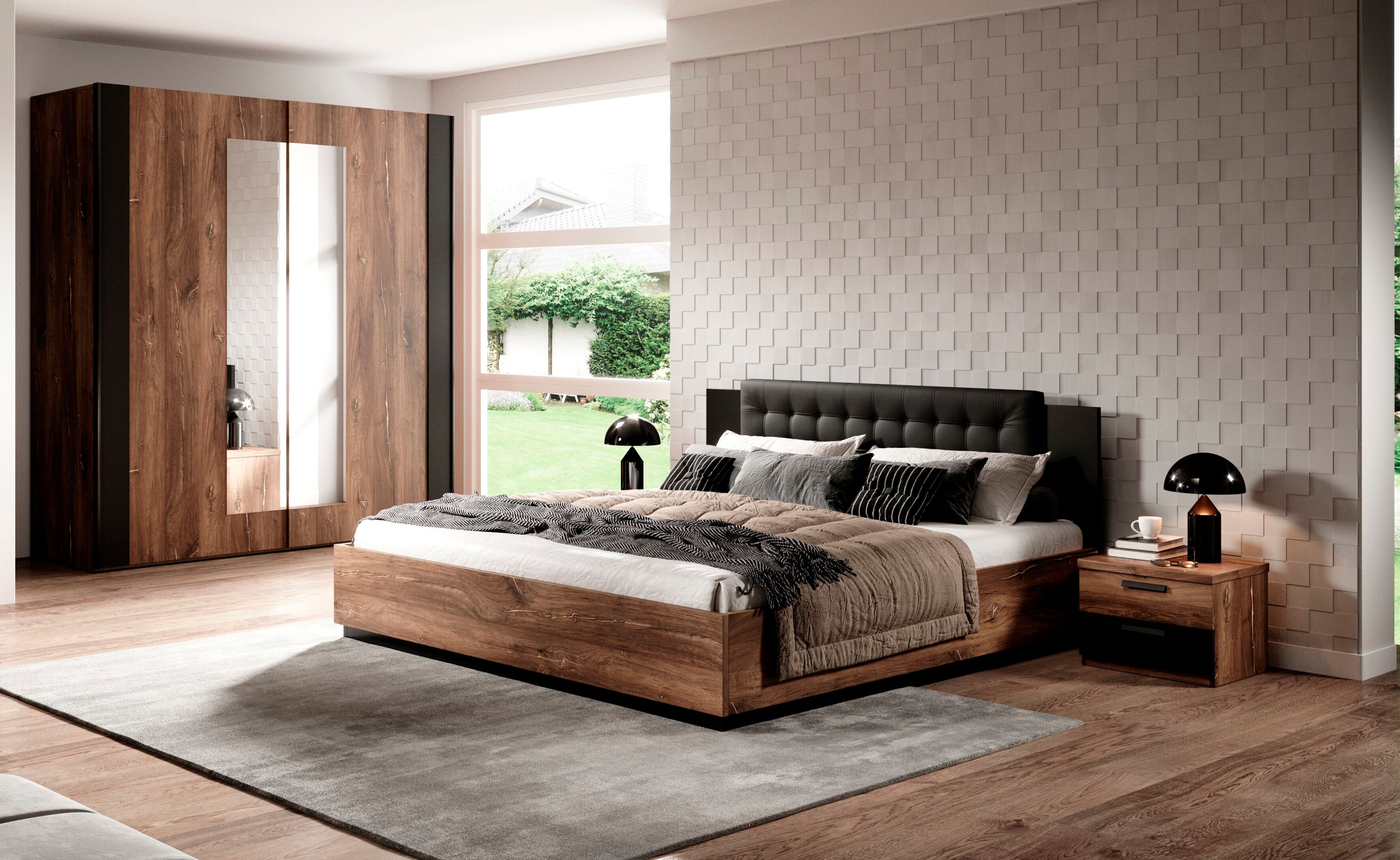 Bett HOME AFFAIRE "Sigma", braun (eiche flagstaff, schwarz, flagstaff eiche, schwarz, flagstaff eiche), B:186,3cm H:89,5cm L:205cm, Betten, Bett, Doppelbett in zwei Breiten mit gepolstertem Kopfteil eiche flagstaff, schwarz, flagstaff eiche, schwarz, flag