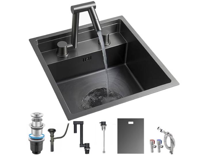 YINXSLO Camping Spülbecken Edelstahl Spüle mit Armatur Set und Abdeckung Spülbecken Schwarz Versteckte Spüle Klein Multifunktionale Bar/Wohnmobil Spülbecken mit Ablaufgarnitur