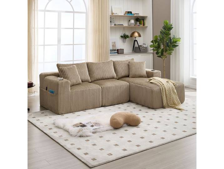 Ensemble de canapé modulable en velours côtelé comprenant 5 coussins des poches latérales et des porte-gobelets couleur kaki
