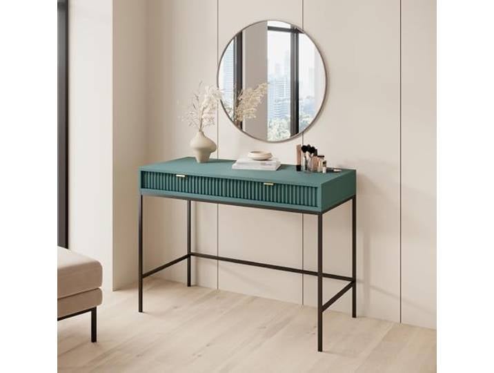 BETTSO - Nova T-104 - Konsolen - Schminktisch - Beistelltisch - Kommode - Deko Wohnzimmer - Wohnzimmertisch - mit 2 Schubladen - Geriffelt, Schmal - Glamour - Grün - mit goldenen Griffen