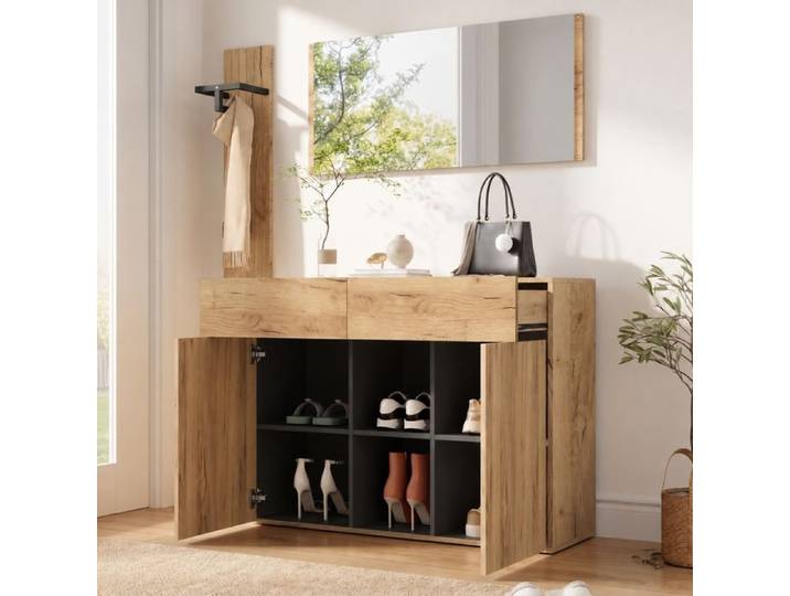 Norevia ensemble vestiaire avec miroir meuble d'entrée noir et bois 125 cm